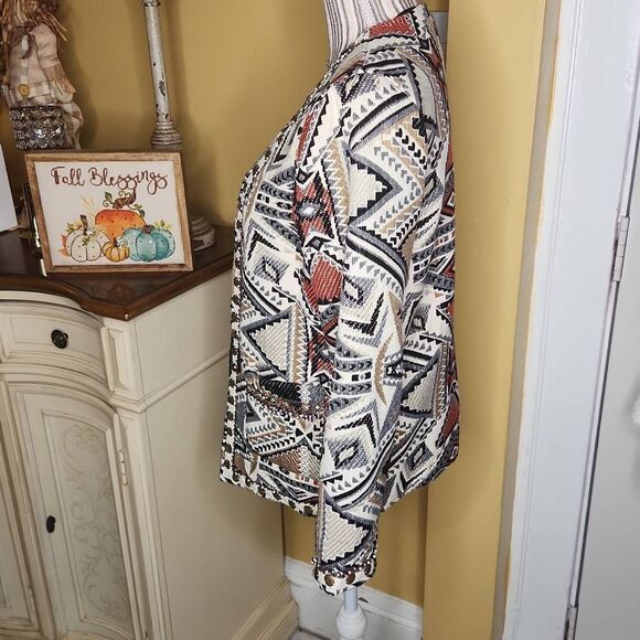 Glamorous western motif jacquard beaded trim open blazer women's size Small - Picture 3 of 10